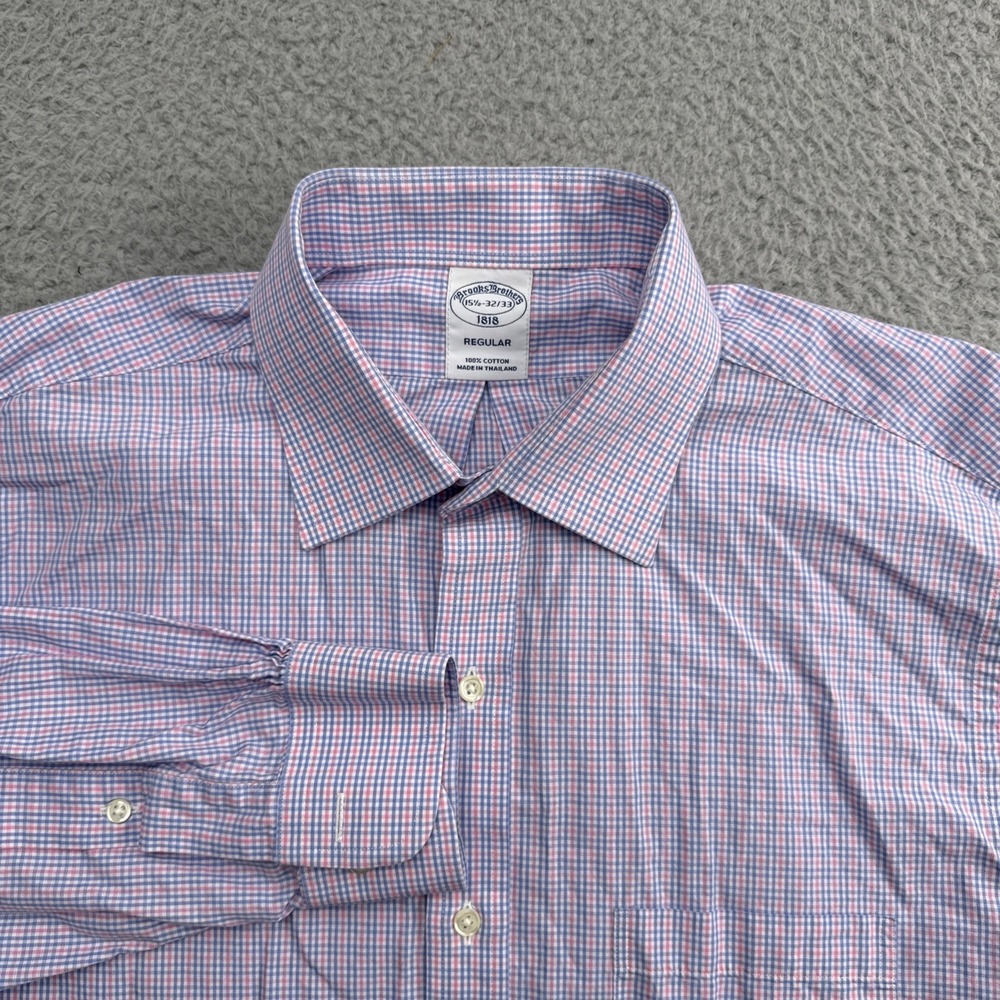 BROOKS BROTHERS 1818 Dress Shirt Mens 15.5 32/33 Blue Solid 100% Cotton Plaid